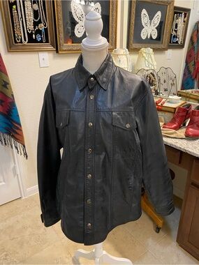 Classic Black Leather Snap-Front Lined Men's Shirt Jacket Small